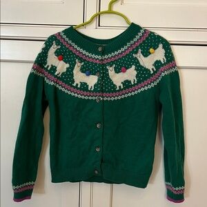 Green Holiday Cardigan with Adorable Llama Design
